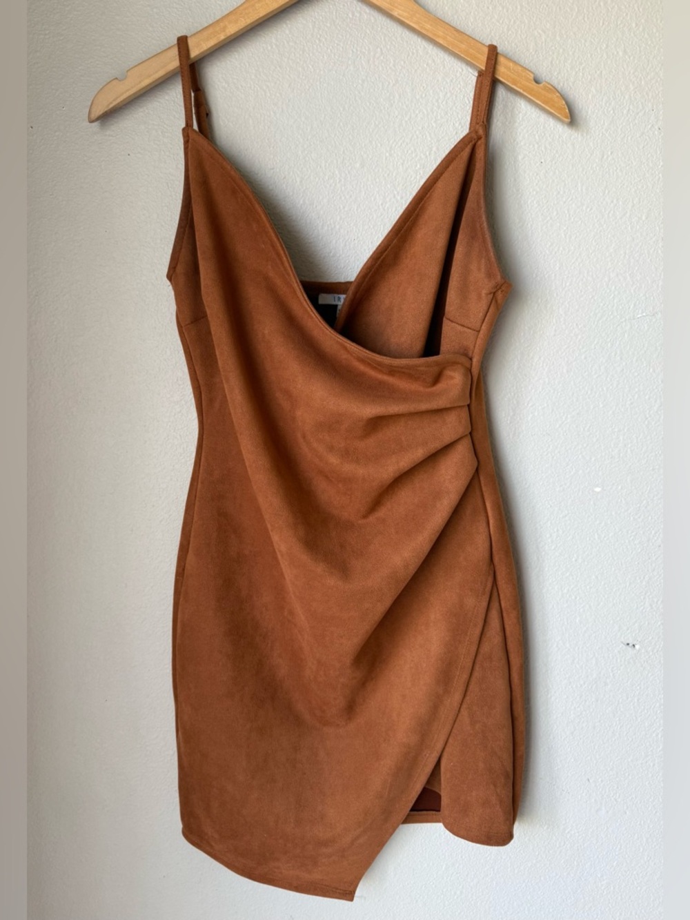Iris Brown Faux Suede Asymmetrical Mini Dress Womens Size Medium Spaghetti Strap